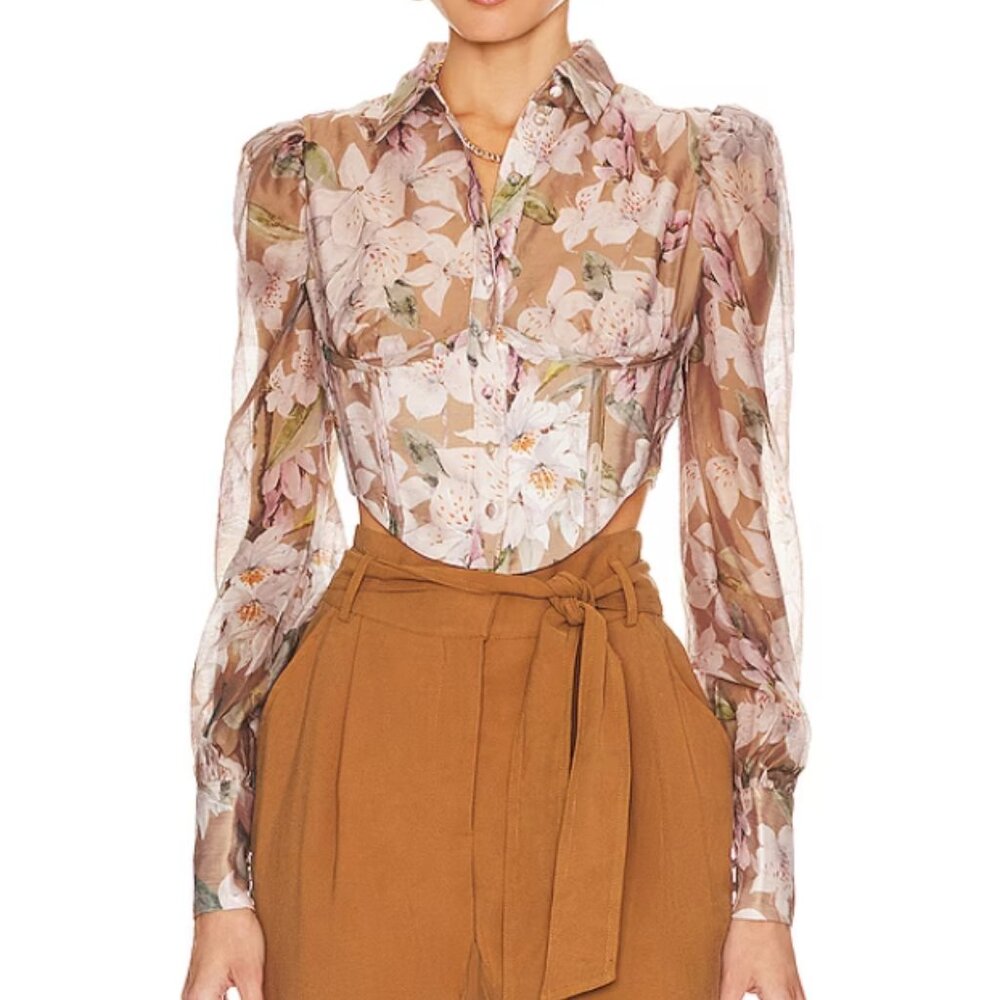 Bardot Pink Floral Button-Down Sheer Puff Sleeve Top